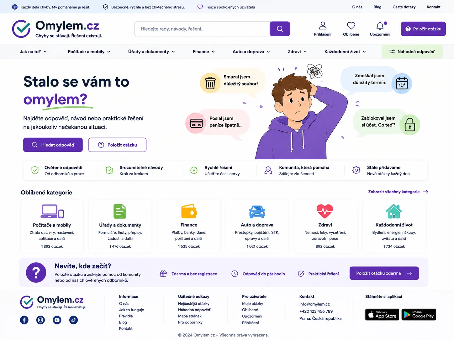Vizuální návrh možného projektu Omylem.cz zaměřeného na vysvětlování chyb, omylů a nedorozumění